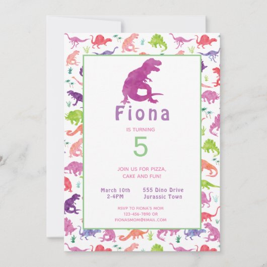 Girls Dinosaur T-Rex Geburtstagsparty Einladung (Vorderseite)