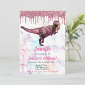 Girl's Dinosaurier Pink Glitzer Tyrannosaurus Einladung (Stehend Vorderseite)