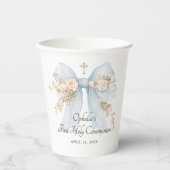 Girl's Dusty Blue First Communion Floral Bow Pappbecher (Vorderseite)