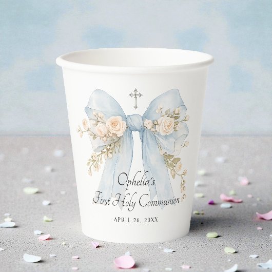 Girl's Dusty Blue First Communion Floral Bow Pappbecher