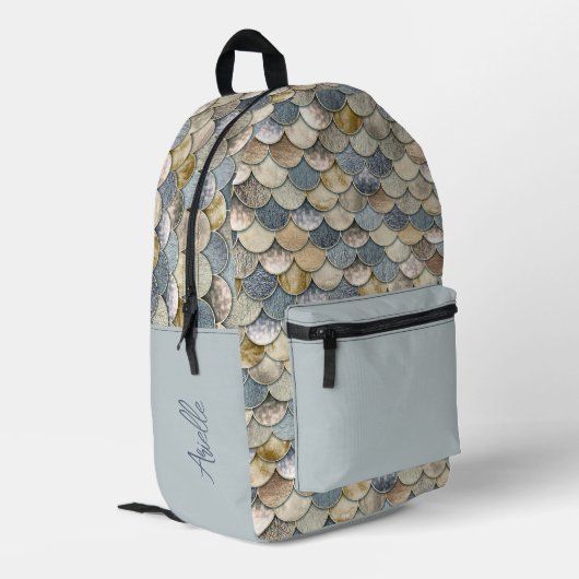 Girl's Dusty Blue und Gold Mermaid Scales Bedruckter Rucksack (Rückseitige Ecke links)