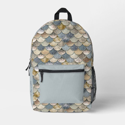 Girl's Dusty Blue und Gold Mermaid Scales Bedruckter Rucksack (Vorderseite)