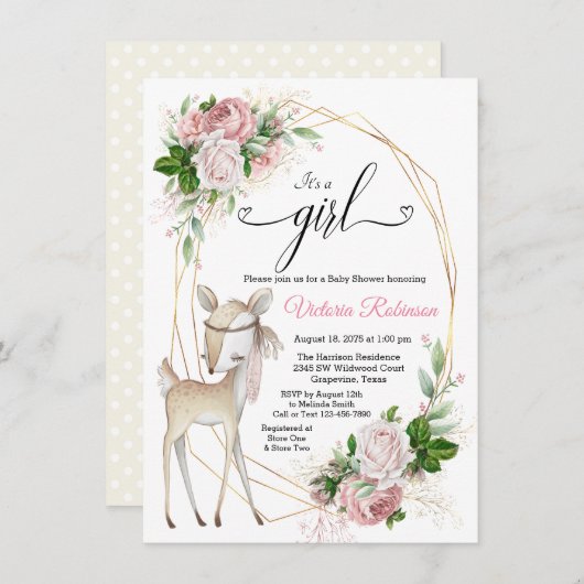 Girls Elegant Boho Deer Baby Shower Einladung (Vorne/Hinten)