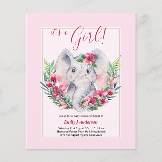 GIRLS Elephant Blume Baby Shower GENDER REVEAL Flyer (Vorne)