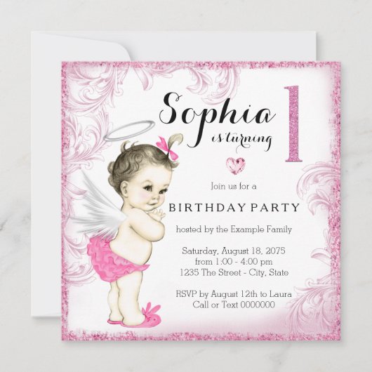 Girls erste Geburtstagsparty Pink Angel Einladung (Vorderseite)