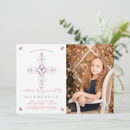 Girls erstes heiliges kommunion Custom Foto lädt e Einladung (Stehend Vorderseite)