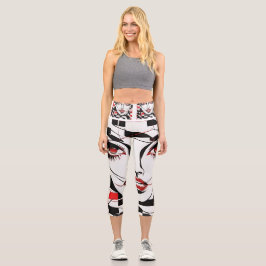 Girl's Face Pattern Weiße, Schwarze und Rote Leggi Capri Leggings