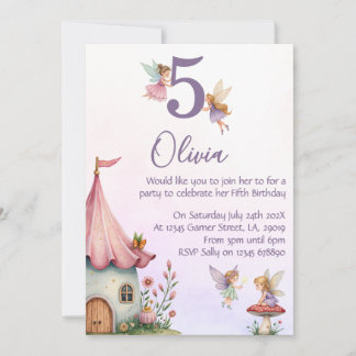 Girls Fairy 5th Birthday Party Invitation Einladung