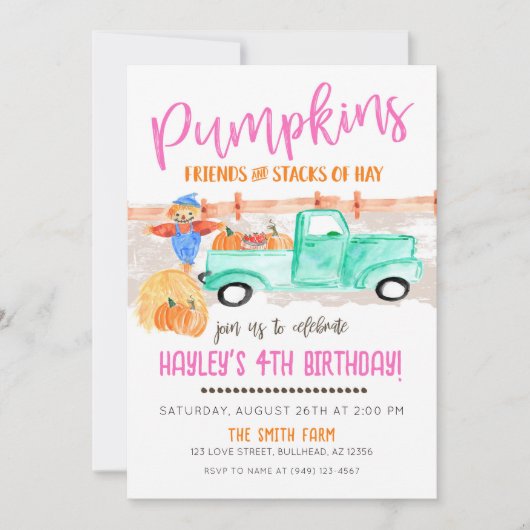 Girls Fall Bauer Pumpkin Patch Alter LKW Einladung (Vorderseite)