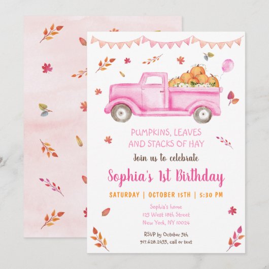 Girls Fall Pumpkin Truck Birthday Einladung (Vorne/Hinten)
