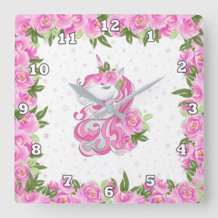 Girls Fantasy unicorn decor clock Quadratische Wanduhr