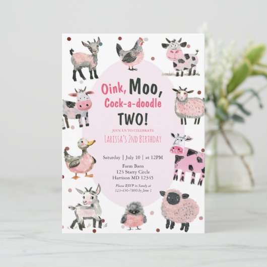 Girls Farm Animal Second Birthday Einladung (Stehend Vorderseite)