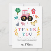 Girls Farm Animals Pink Rustic Traktor Baby Dusche Dankeskarte (Vorderseite)