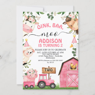 Girls Farm Pink Barn Traktor Geburtstag Einladung
