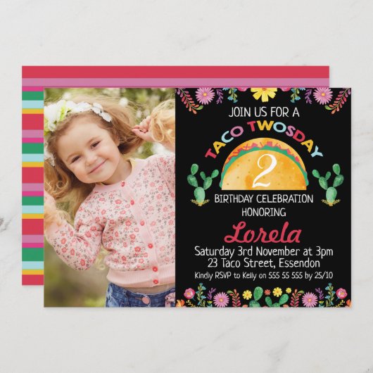 Girls Fiesta Taco Einladung zwei Tage Geburtstag (Vorne/Hinten)