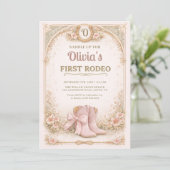 Girl's First 1st Rodeo Pink Bow Birthday Einladung (Stehend Vorderseite)