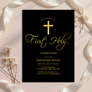 Girls First Communion Black and Gold Einladung
