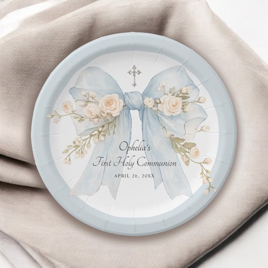 Girl's First Communion Dusty Blue Floral Bow Pappteller