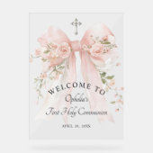 Girl's First Communion Floral Pink Bow Acrylschild (Vorderseite)