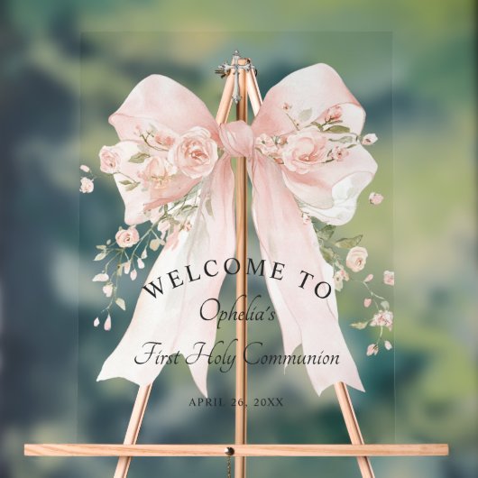 Girl's First Communion Floral Pink Bow Acrylschild (Neutral)