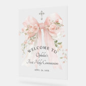 Girl's First Communion Floral Pink Bow Acrylschild (Winkel)