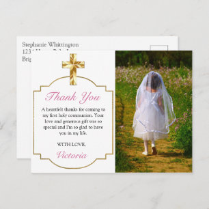 Girls First Communion Gold Cross Foto Vielen Dank Postkarte