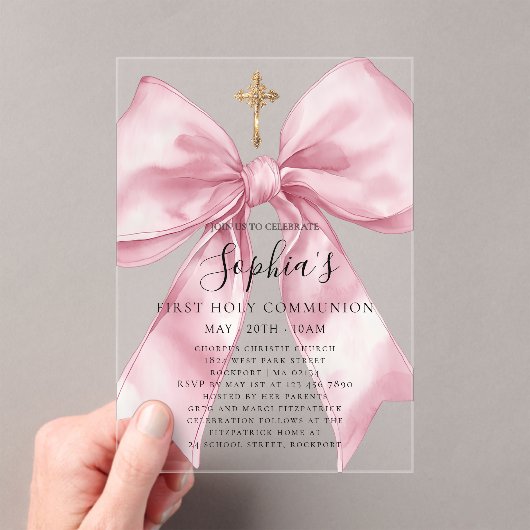 Girl's First Communion Pink Bow Acrylic Invitation Acryleinladungen (Insitu (Handheld))
