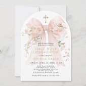 Girl's First Communion Pink Floral Bow Arched Einladung (Vorderseite)