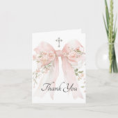 Girl's First Communion Pink Floral Bow Dankeskarte (Vorderseite)
