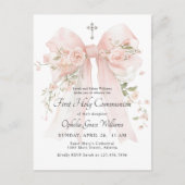 Girl's First Communion Pink Floral Bow Postkarte (Vorderseite)