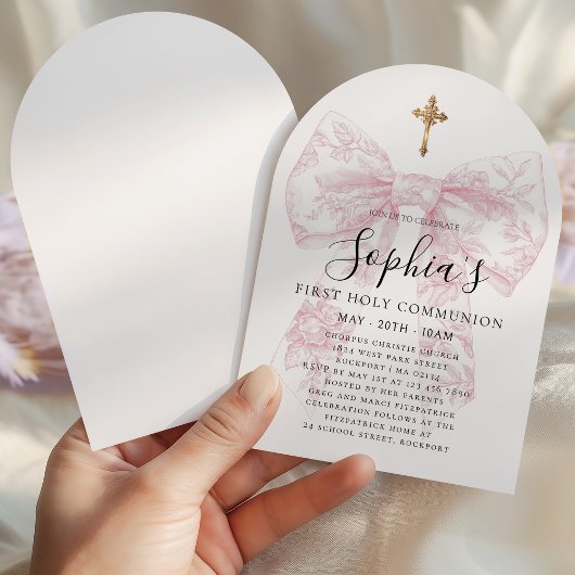 Girl's First Communion Pink Toile Bow Cross Arch Einladung