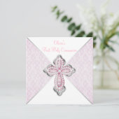 Girls First Communion Rosa Lace Cross Einladung (Stehend Vorderseite)