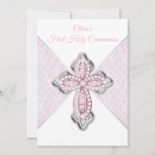 Girls First Communion Rosa Lace Cross Einladung (Vorderseite)