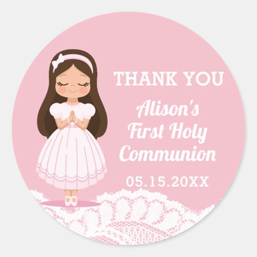Girls First Heilige Kommunion Pink Lace Runder Aufkleber (Vorderseite)