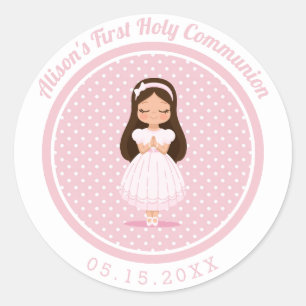 Girls First Heilige Kommunion Pink Polka Dots Runder Aufkleber