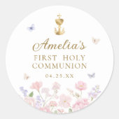 Girl's First Holy Communion Pastel Floral Runder Aufkleber (Vorderseite)