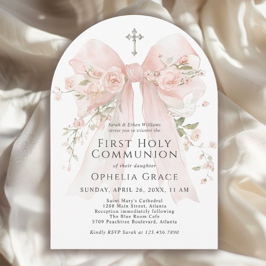 Girl's First Holy Communion Pink Floral Bow Arched Einladung