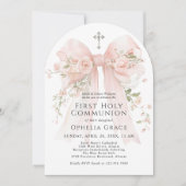 Girl's First Holy Communion Pink Floral Bow Arched Einladung (Vorderseite)