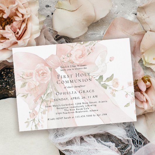Girl's First Holy Communion Pink Floral Bow Einladung