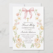 Girl's First Holy Communion Pink Floral Bow Einladung (Vorderseite)