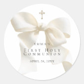Girl's First Holy Communion Stylish Ivory Bow Runder Aufkleber (Vorderseite)