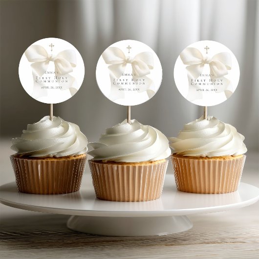 Girl's First Holy Communion Stylish Ivory Bow Runder Aufkleber
