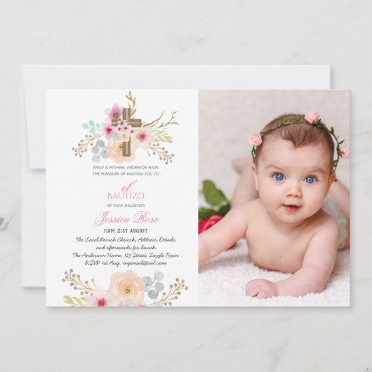 Girls Floral BAUTIZO Bautismo Pink Katholisches Kr Einladung (Vorderseite)