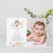 Girls Floral BAUTIZO Bautismo Pink Katholisches Kr Einladung (Stehend Vorderseite)