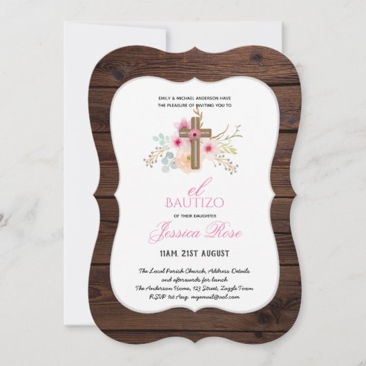 Girls Floral BAUTIZO Bautismo Pink Katholisches Kr Einladung (Vorderseite)