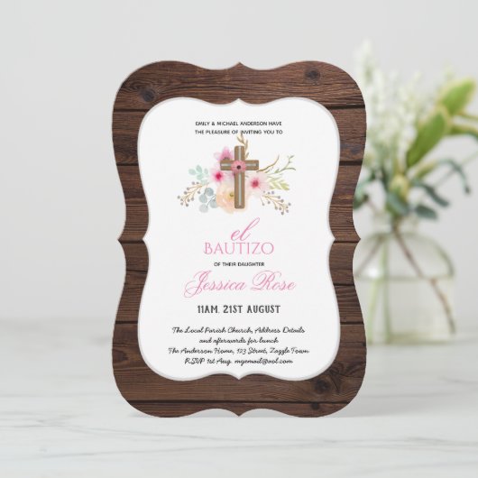 Girls Floral BAUTIZO Bautismo Pink Katholisches Kr Einladung (Stehend Vorderseite)