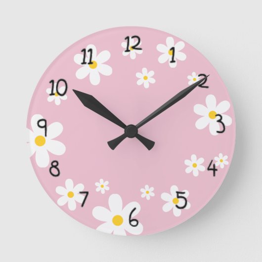 Girls Floral Daisy Pink Clock Runde Wanduhr (Vorderseite)
