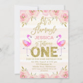 Girls floral flamingo Einladung zum ersten Geburts (Vorderseite)