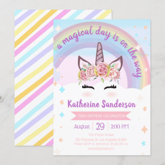 Girls Floral Magical Unicorn Gesicht Regenbogen Ge Einladung
