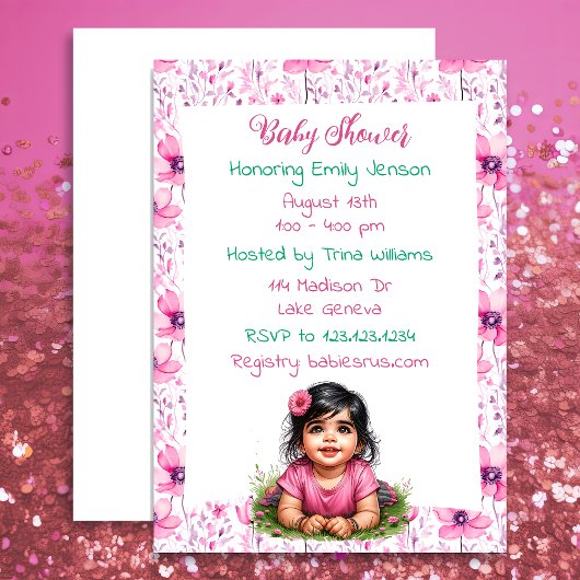 Girl's Floral Pink Baby Shower Einladung